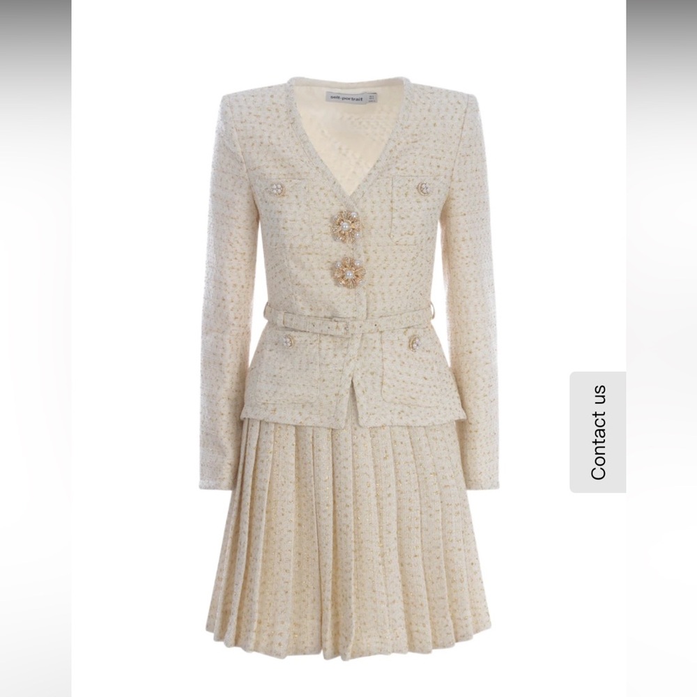 Nwt $640 Self Portrait Cream Metallic boucle mini jacket dress size 6